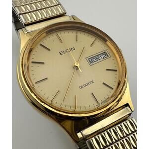 Vintage Elgin Men’s Quartz Watch Gold Tone Day Date 34mm